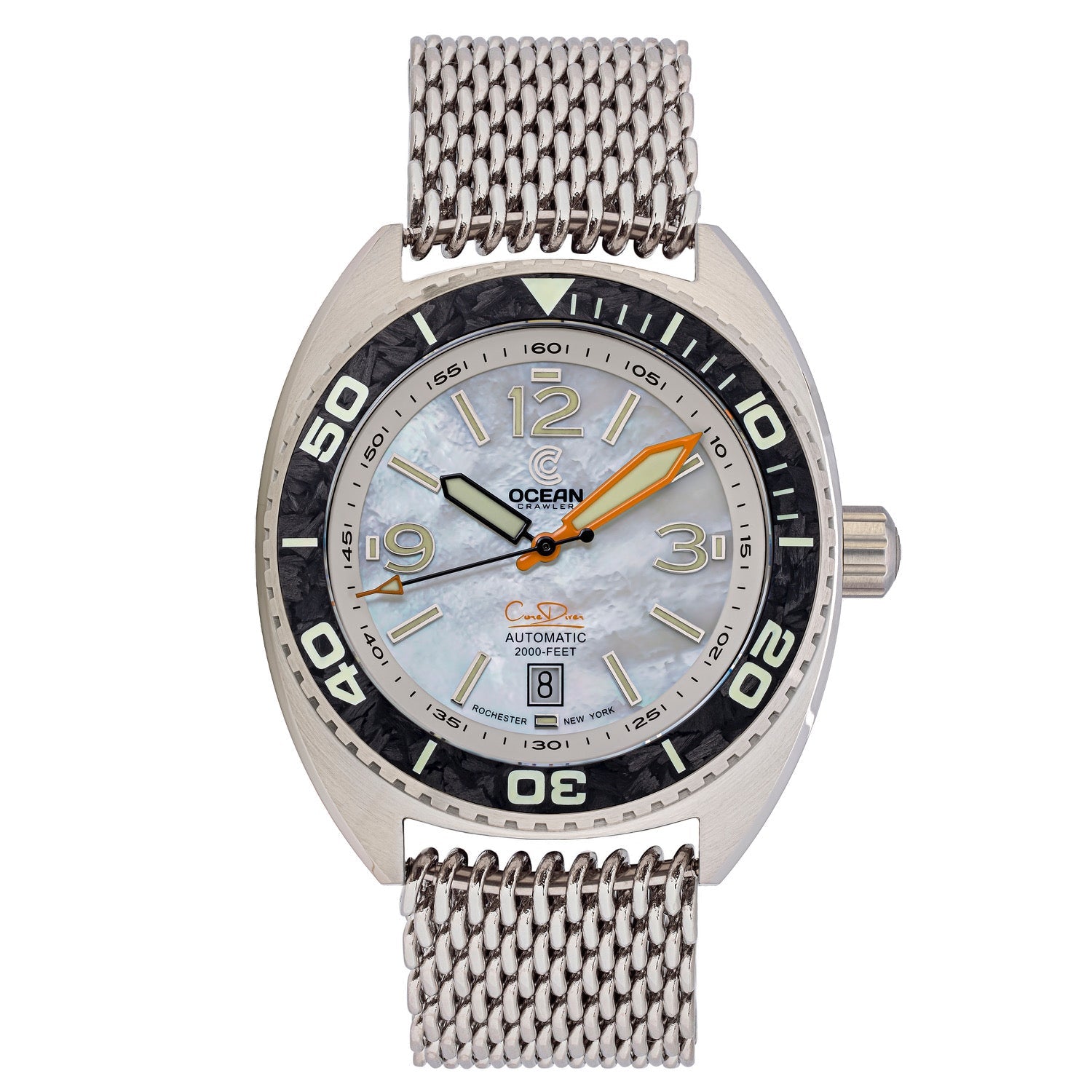 Ocean Crawler Core Diver - White Mother of Pearl - Carbon Fiber Bezel - Ocean Crawler Watch Co.