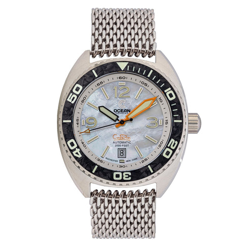 Ocean Crawler Core Diver - White Mother of Pearl - Carbon Fiber Bezel - Ocean Crawler Watch Co.